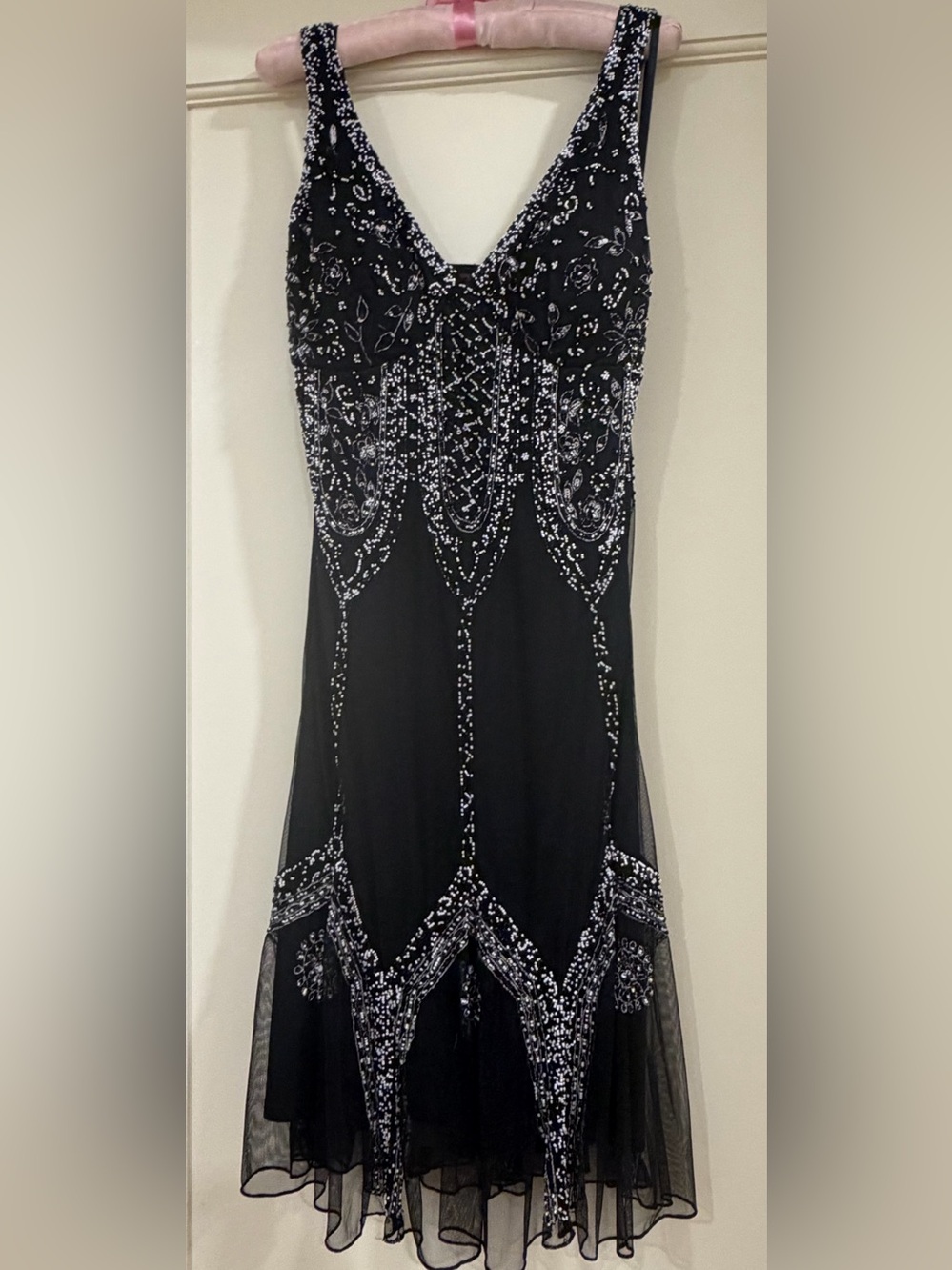 MARINA Black Beaded V-Neck Midi Dress
